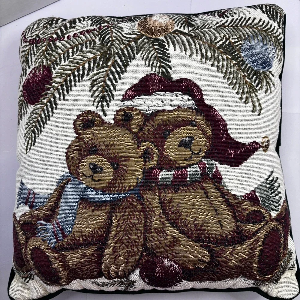 Vintage‎ Christmas Teddy Bear Woven Tapestry Throw Pillows Set of 2 Green Back